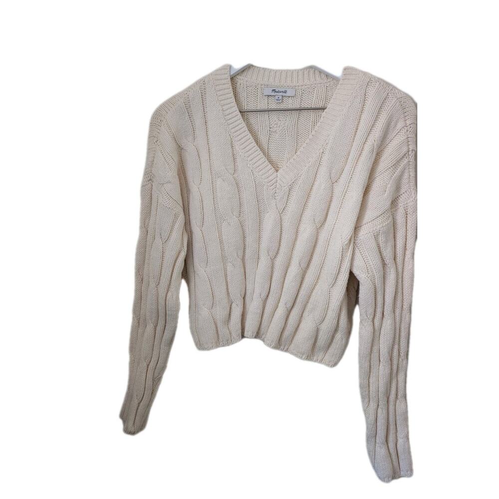 Madewell Sweater‎ Womens Medium Cream Crewneck Cropped Chunky Knit Preppy